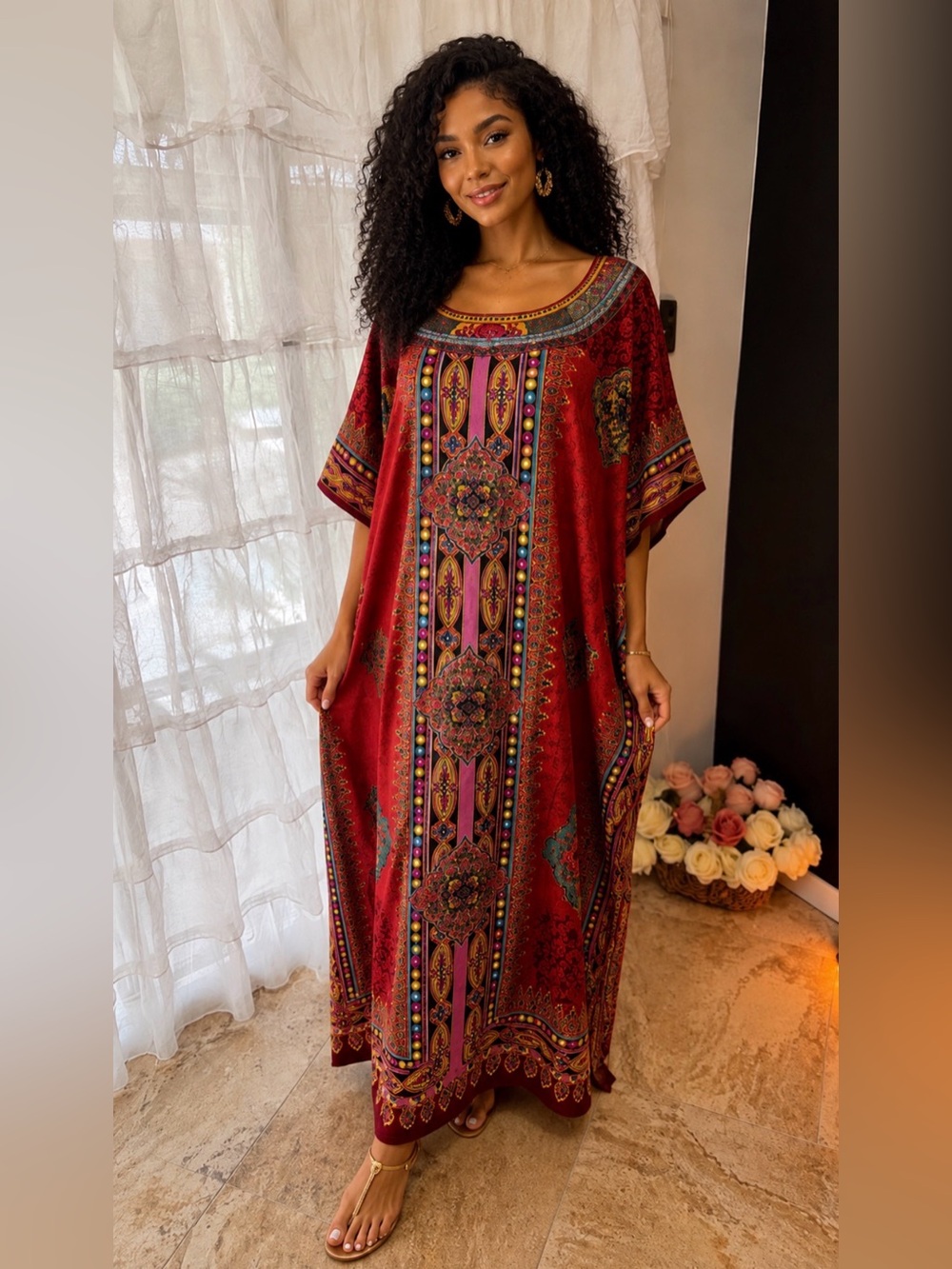 Santé Classic Red Multi-Colored Bohemian Kaftan Maxi Dress
